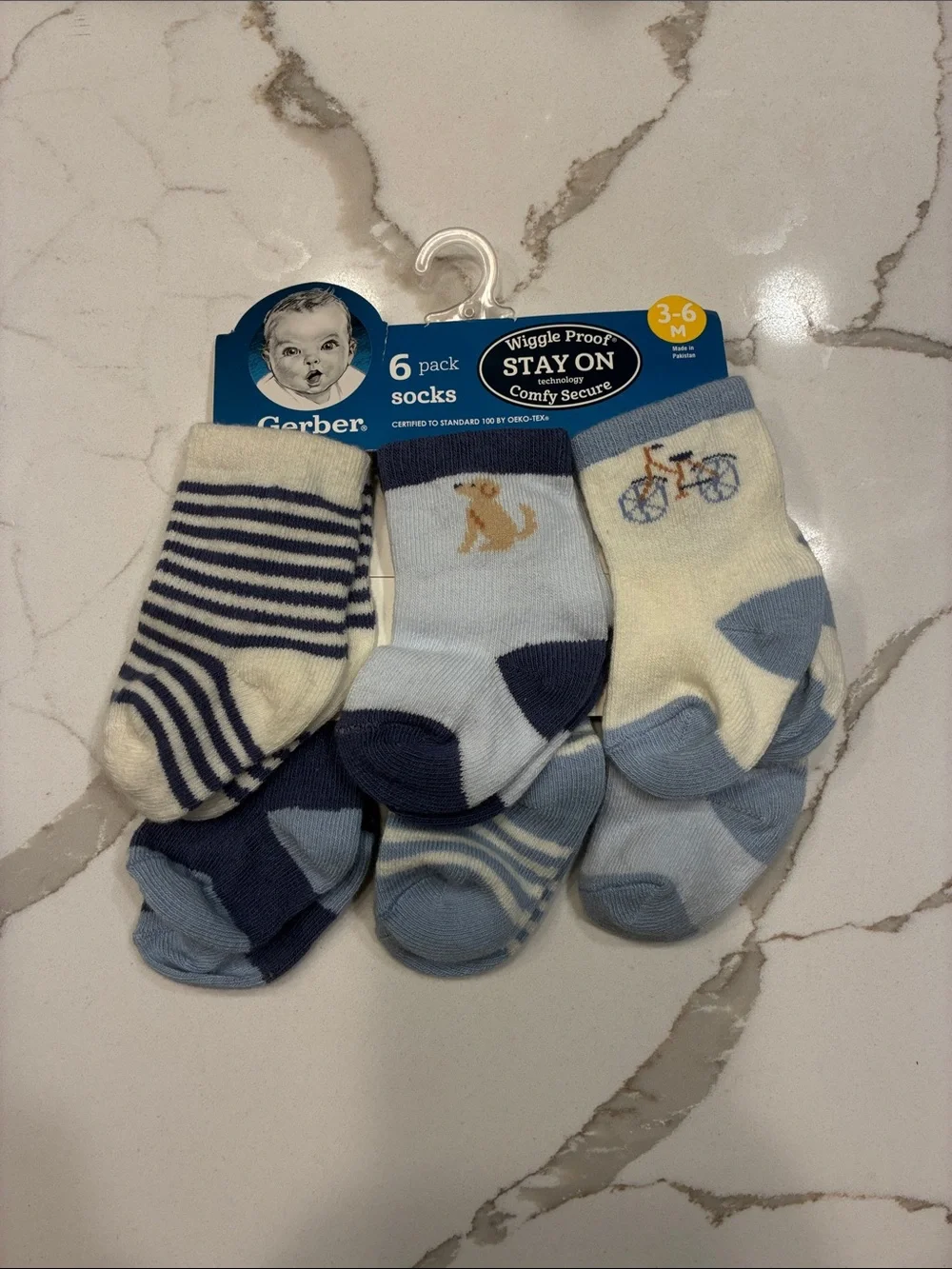 Gerber Baby Sock 6-Pack in Blue and Cream with Bike & Puppy Motifs